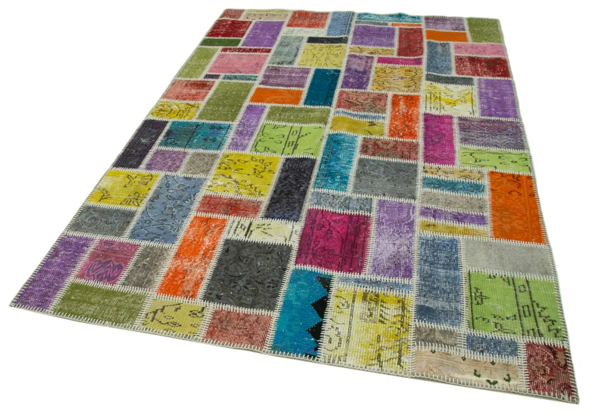 Patchwork Multi Pamuk Üzerine Yün El Dokuma Kilim-167x250 - Görsel 3