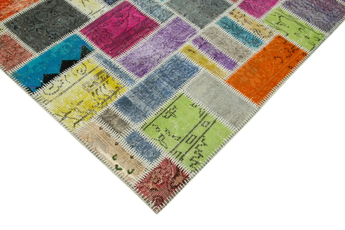 Patchwork Multi Pamuk Üzerine Yün El Dokuma Kilim-167x250 - Görsel 4