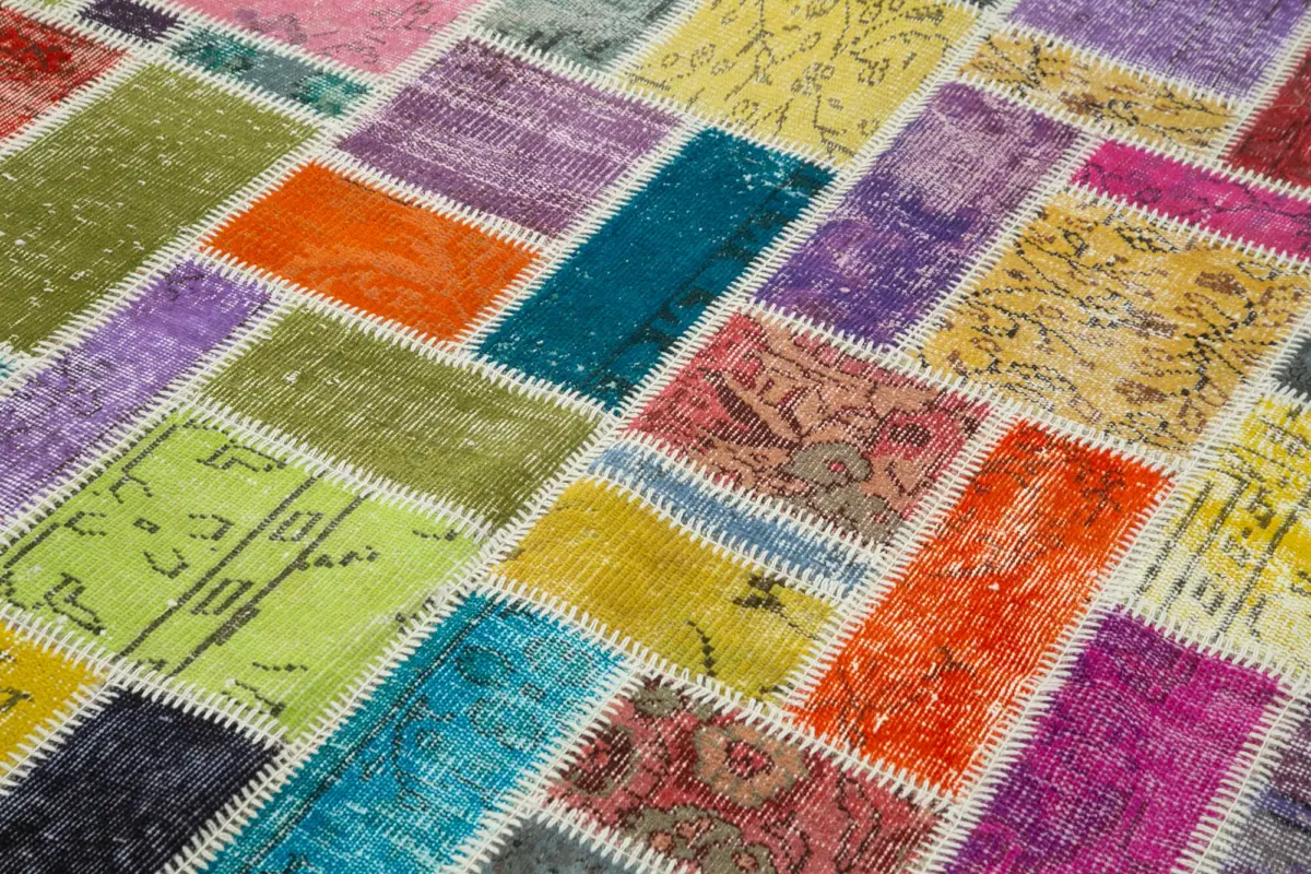 Patchwork Multi Pamuk Üzerine Yün El Dokuma Kilim-167x250 - Görsel 5