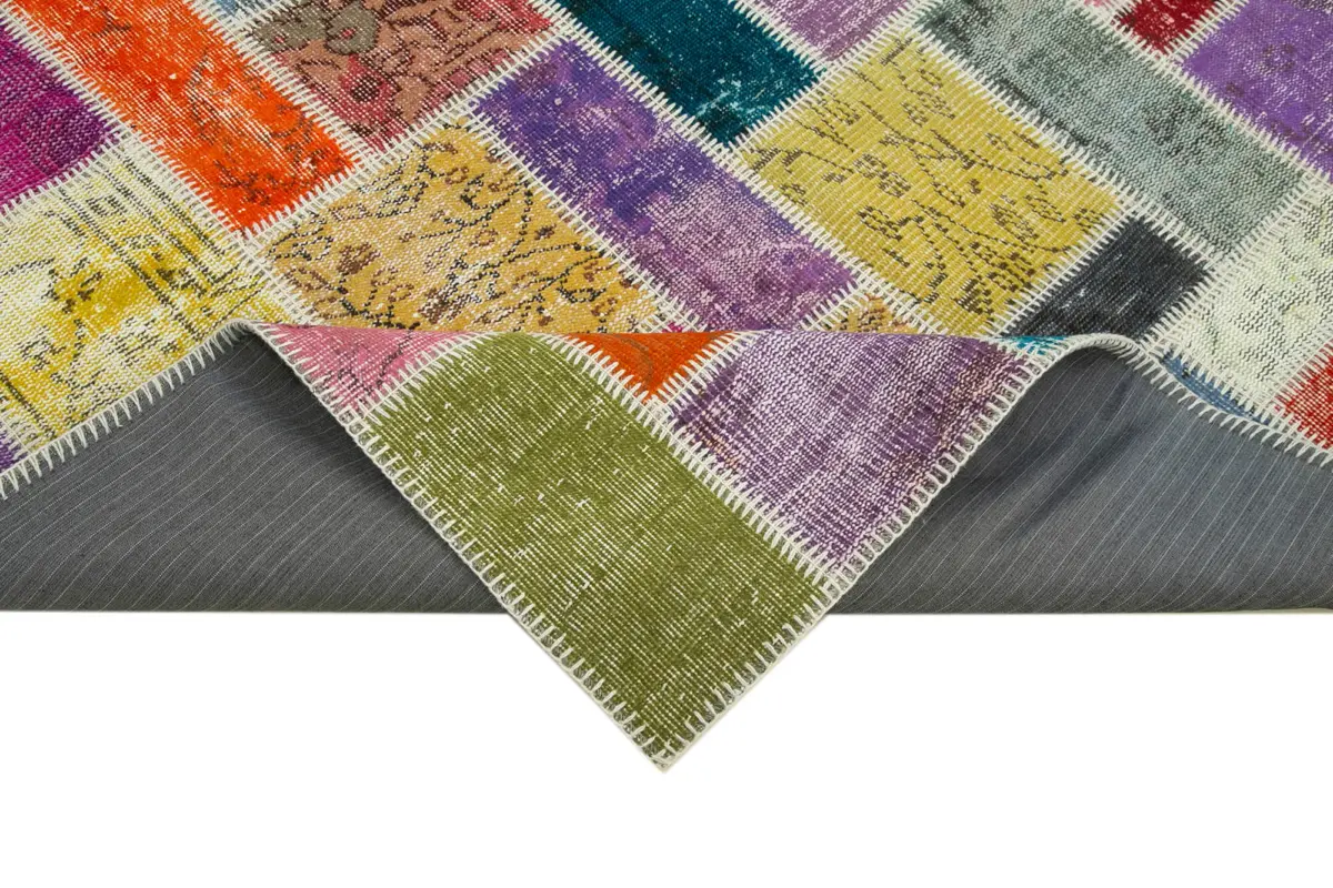 Patchwork Multi Pamuk Üzerine Yün El Dokuma Kilim-167x250 - Görsel 6
