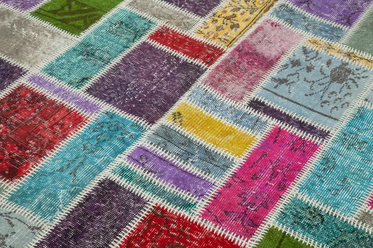 Patchwork Multi Pamuk Üzerine Yün El Dokuma Kilim-166x250 - Görsel 5