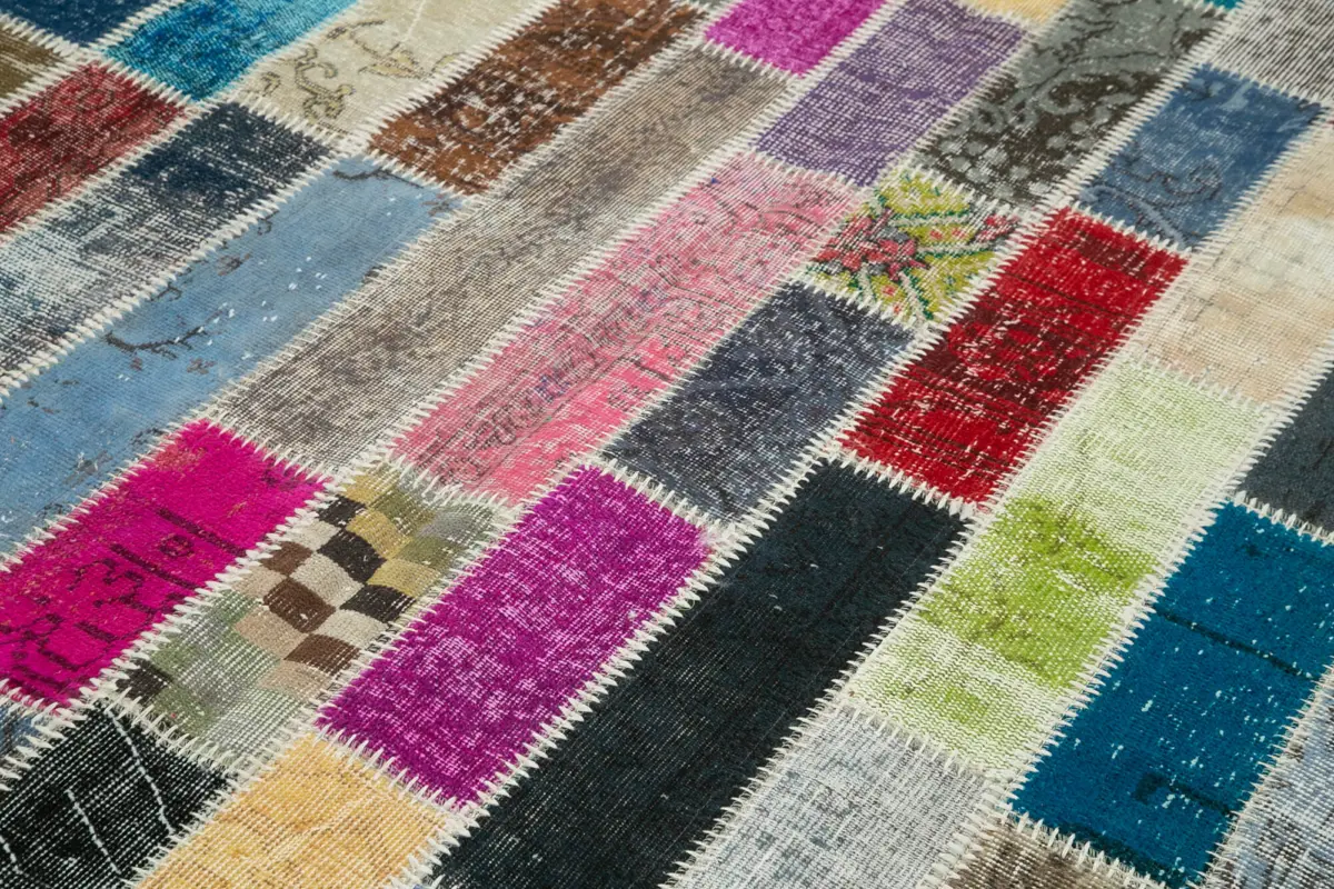 Patchwork Multi Pamuk Üzerine Yün El Dokuma Kilim-182x242 - Görsel 5