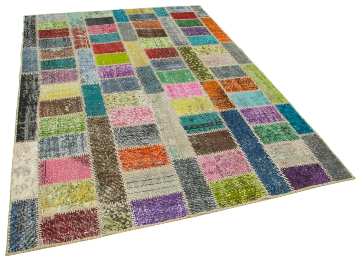 Patchwork Multi Pamuk Üzerine Yün El Dokuma Kilim-175x242 - Görsel 2