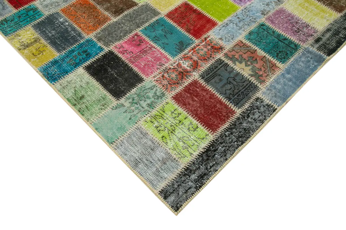 Patchwork Multi Pamuk Üzerine Yün El Dokuma Kilim-175x242 - Görsel 4