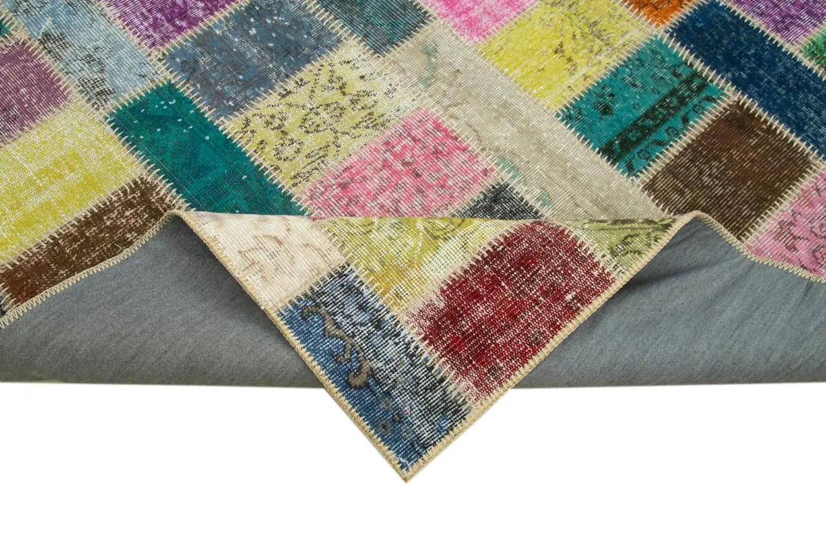 Patchwork Multi Pamuk Üzerine Yün El Dokuma Kilim-175x242 - Görsel 6