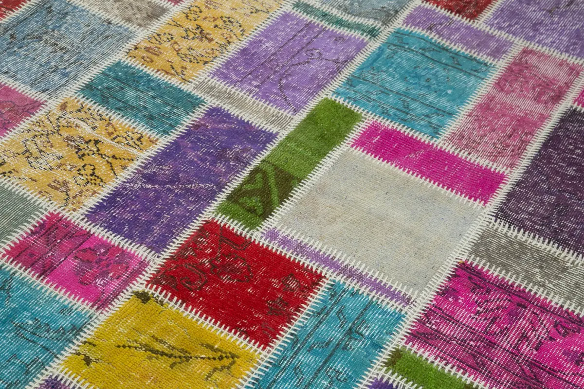 Patchwork Multi Pamuk Üzerine Yün El Dokuma Kilim-167x251 - Görsel 5
