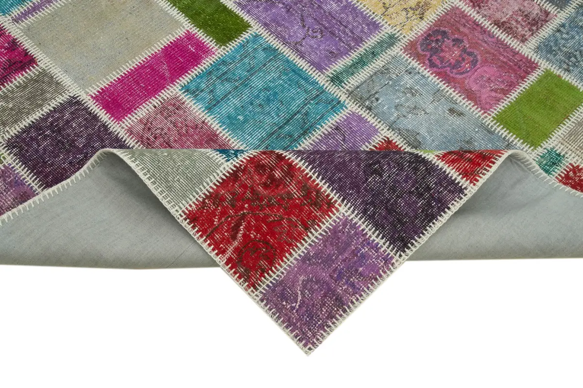 Patchwork Multi Pamuk Üzerine Yün El Dokuma Kilim-167x251 - Görsel 6