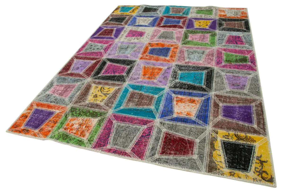 Patchwork Multi Pamuk Üzerine Yün El Dokuma Kilim-191x277 - Görsel 3