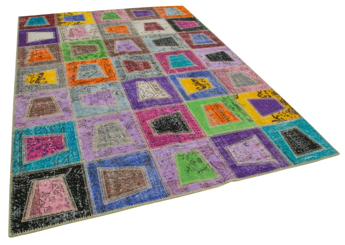 Patchwork Multi Pamuk Üzerine Yün El Dokuma Kilim-193x273 - Görsel 2