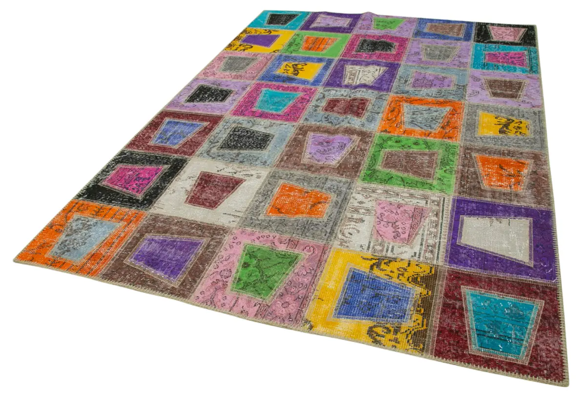 Patchwork Multi Pamuk Üzerine Yün El Dokuma Kilim-193x273 - Görsel 3