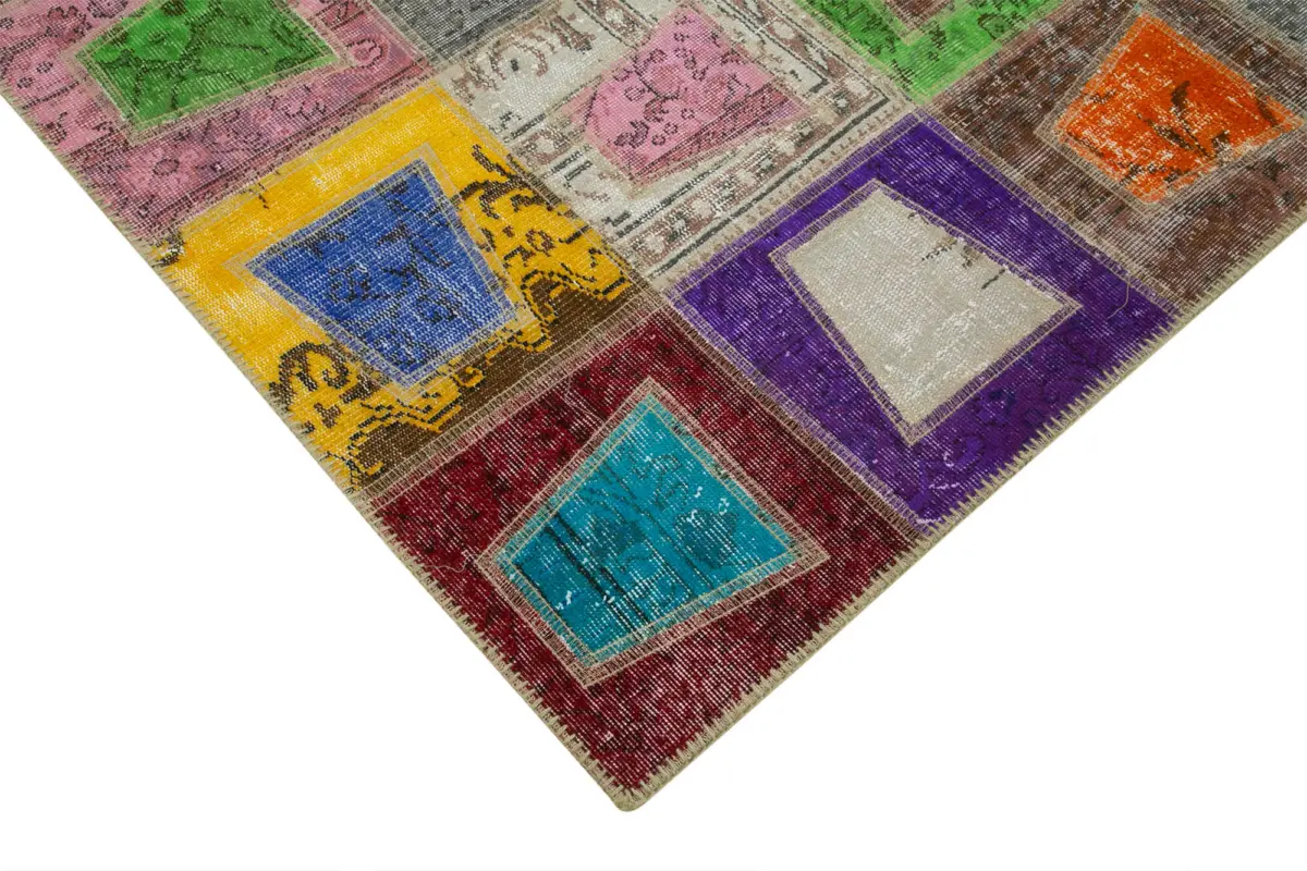 Patchwork Multi Pamuk Üzerine Yün El Dokuma Kilim-193x273 - Görsel 4
