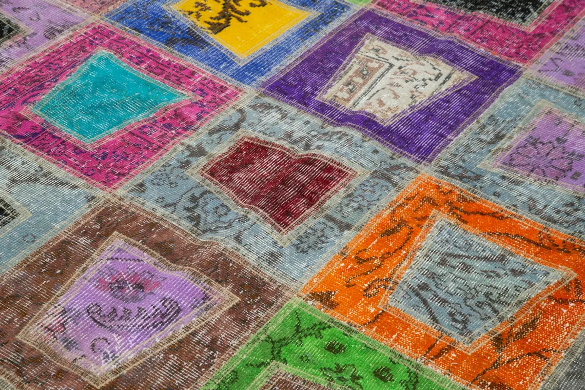 Patchwork Multi Pamuk Üzerine Yün El Dokuma Kilim-193x273 - Görsel 5