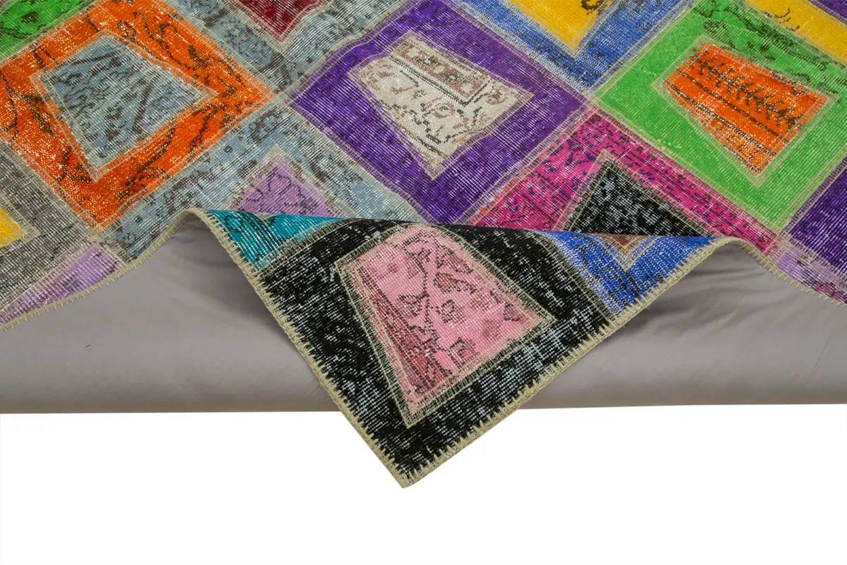 Patchwork Multi Pamuk Üzerine Yün El Dokuma Kilim-193x273 - Görsel 6