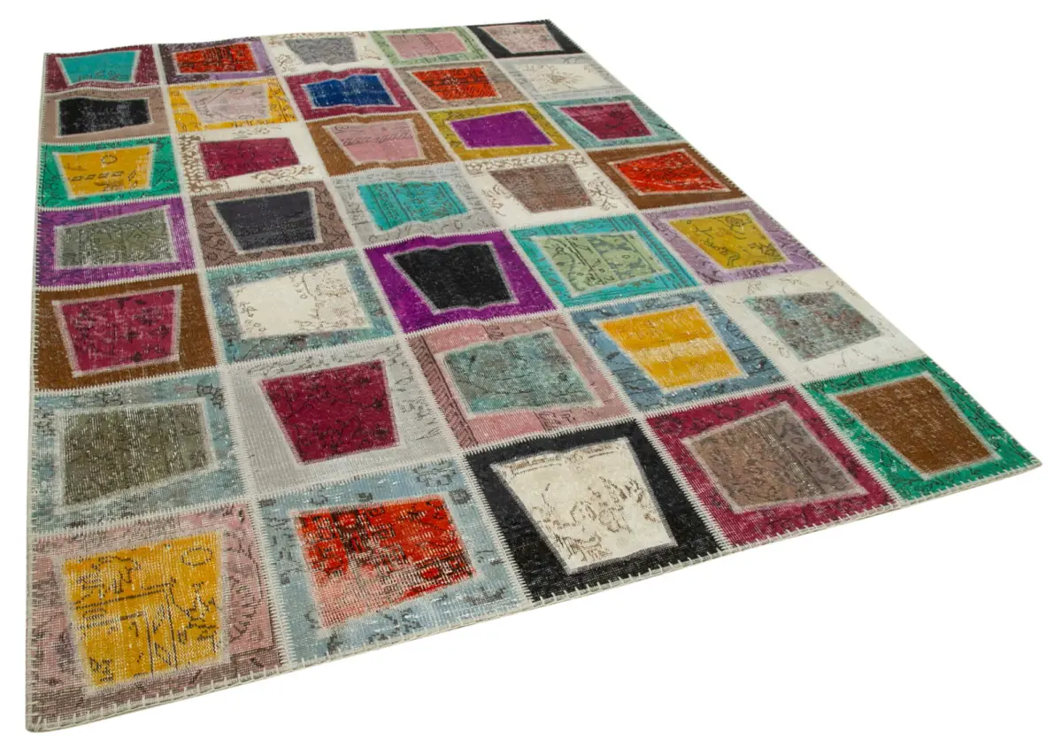 Patchwork Multi Pamuk Üzerine Yün El Dokuma Kilim-200x280 - Görsel 2