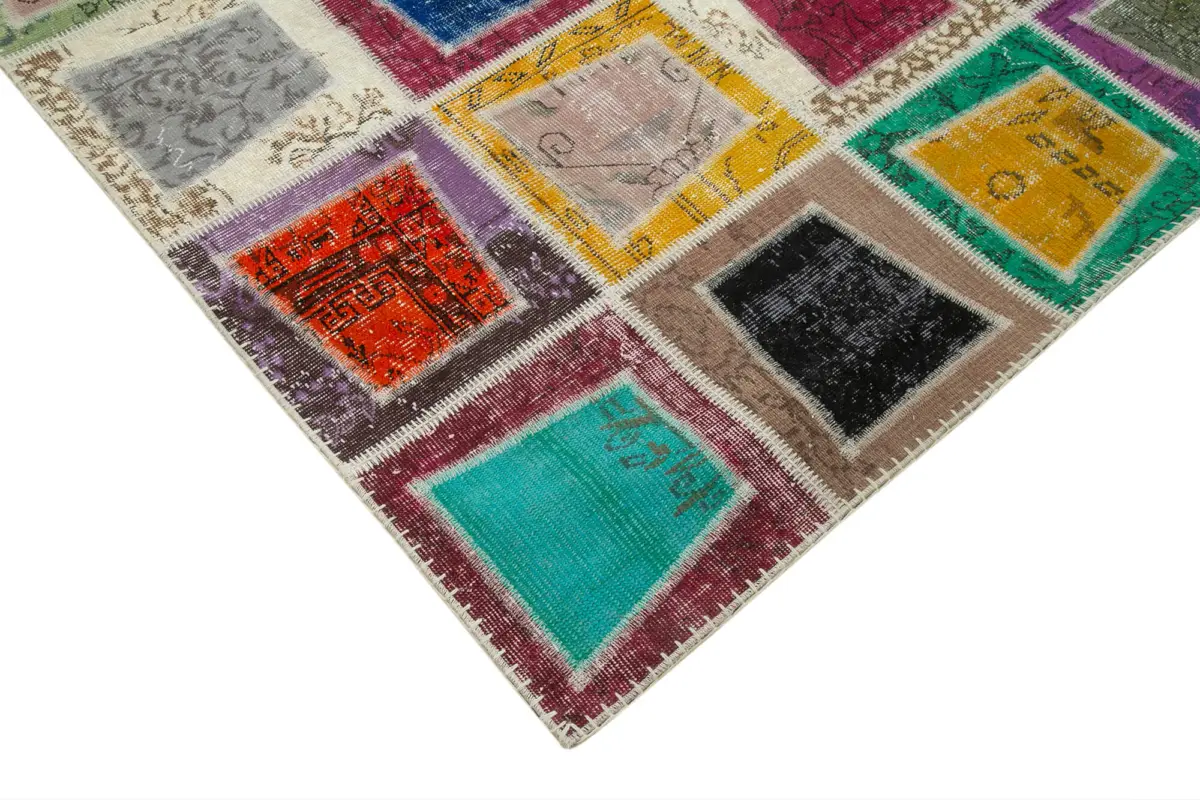Patchwork Multi Pamuk Üzerine Yün El Dokuma Kilim-200x280 - Görsel 4