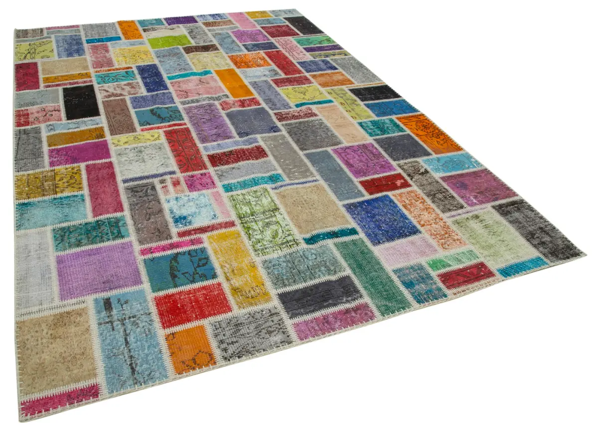 Patchwork Multi Pamuk Üzerine Yün El Dokuma Kilim-207x298 - Görsel 2
