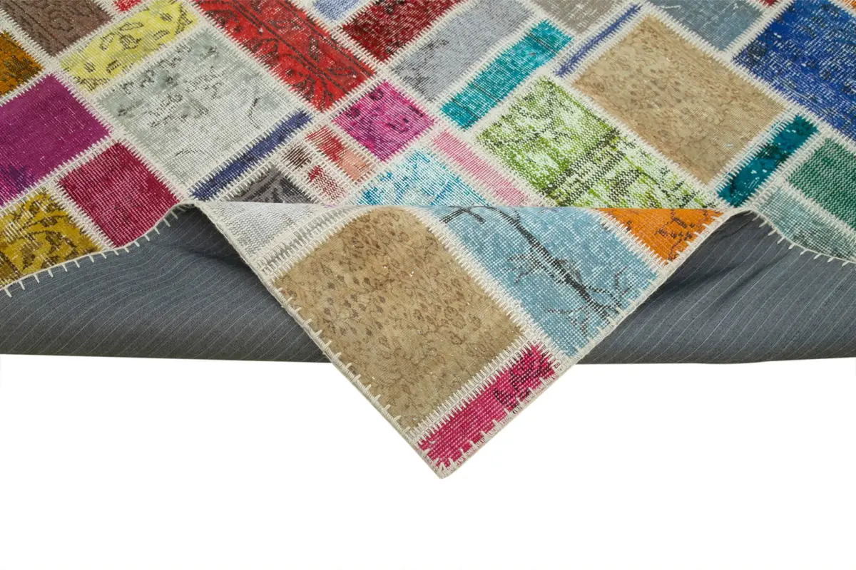 Patchwork Multi Pamuk Üzerine Yün El Dokuma Kilim-207x298 - Görsel 6