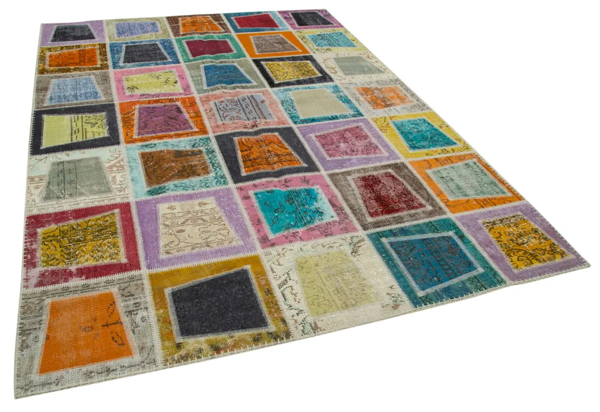 Patchwork Multi Pamuk Üzerine Yün El Dokuma Kilim-200x280 - Görsel 2