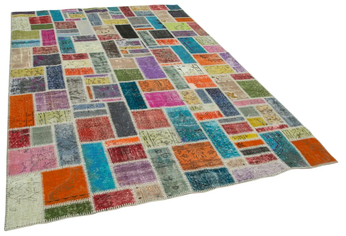 Patchwork Multi Pamuk Üzerine Yün El Dokuma Kilim-206x294 - Görsel 2