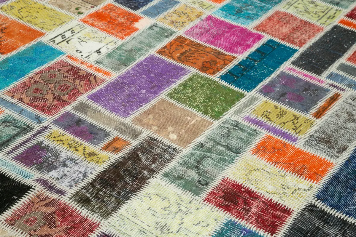 Patchwork Multi Pamuk Üzerine Yün El Dokuma Kilim-206x294 - Görsel 5