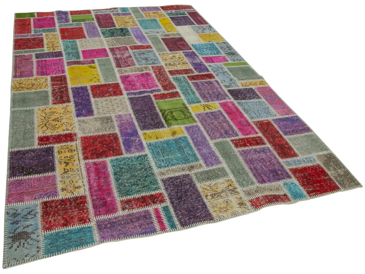 Patchwork Multi Pamuk Üzerine Yün El Dokuma Kilim-190x288 - Görsel 2