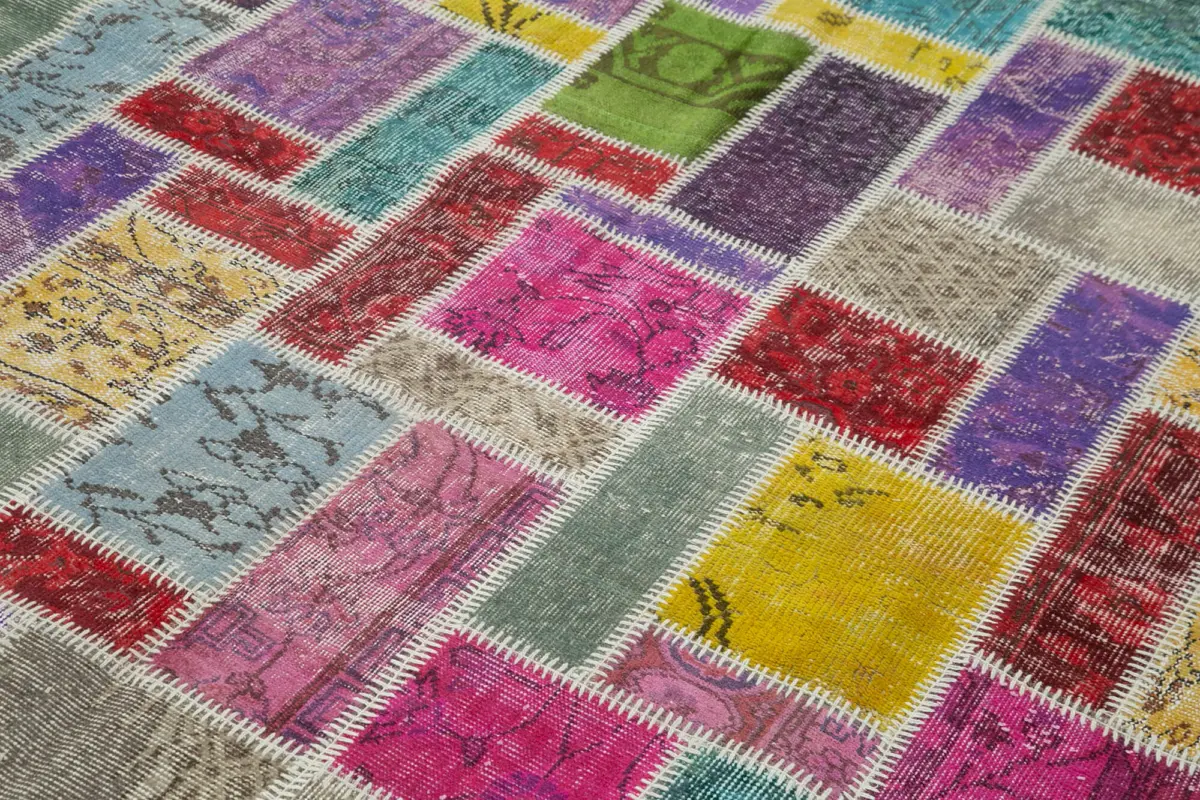 Patchwork Multi Pamuk Üzerine Yün El Dokuma Kilim-190x288 - Görsel 5