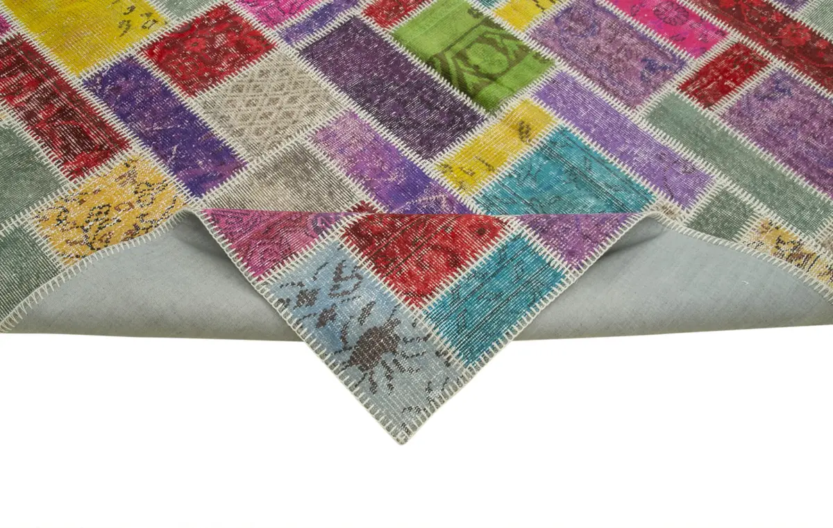 Patchwork Multi Pamuk Üzerine Yün El Dokuma Kilim-190x288 - Görsel 6