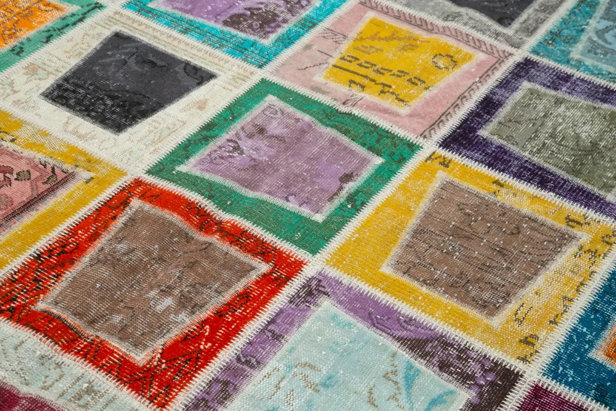 Patchwork Multi Pamuk Üzerine Yün El Dokuma Kilim-200x280 - Görsel 5