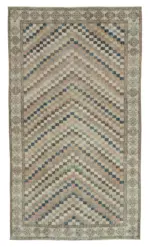 Damalı Modern Dizayn Geometrik Bej Pamuk Üstü Yün El Dokuma Halı-164x291