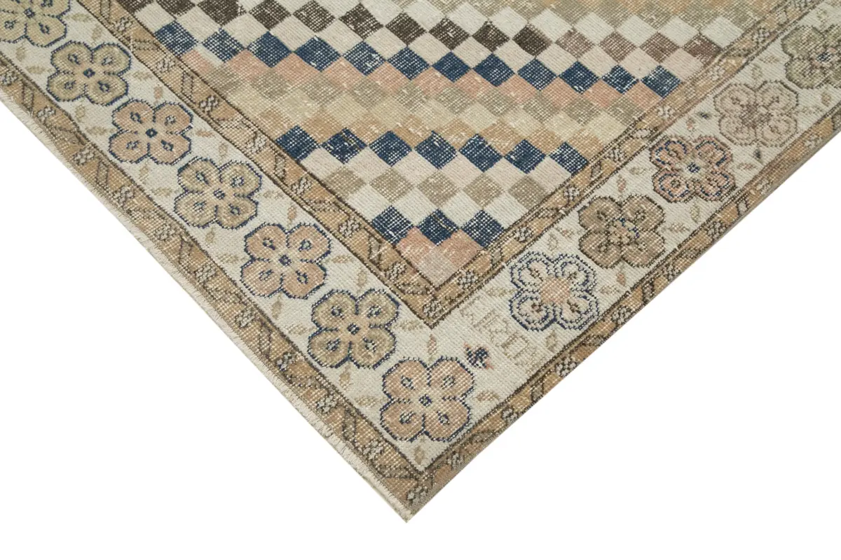 Damalı Modern Dizayn Geometrik Bej Pamuk Üstü Yün El Dokuma Halı-164x291 - Görsel 4