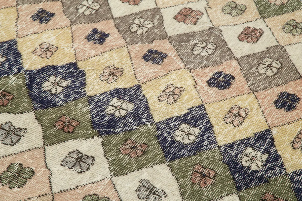 Damalı Modern Dizayn Geometrik Bej Pamuk Üstü Yün El Dokuma Halı-151x261 - Görsel 5