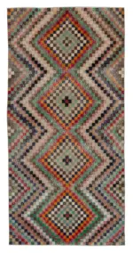 Damalı Modern Dizayn Geometrik Multi Renk Pamuk Üstü Yün El Dokuma Halı-148x302