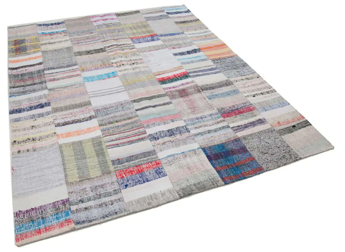 Chaput Patchwork Multi Renk Pamuk Üzerine Yün El Dokuma Kilim-200x250 - Görsel 2