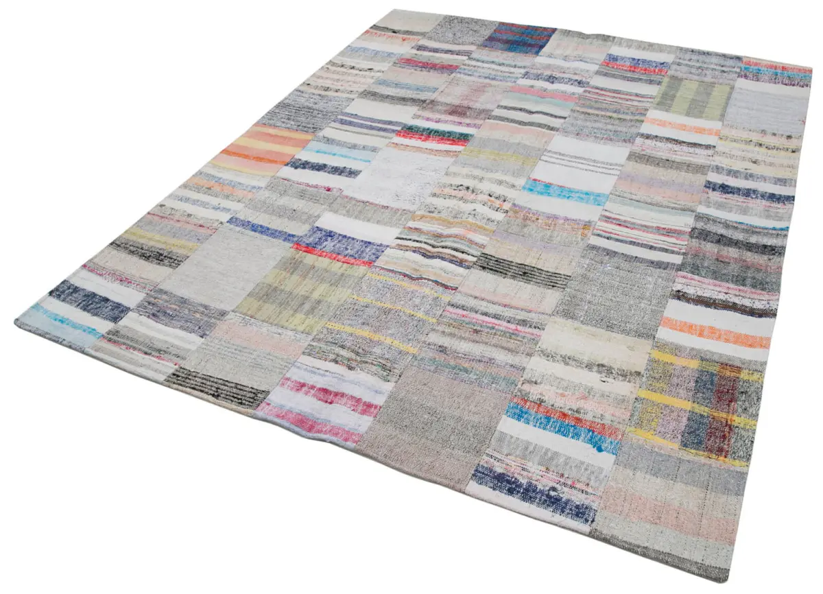 Chaput Patchwork Multi Renk Pamuk Üzerine Yün El Dokuma Kilim-200x250 - Görsel 3