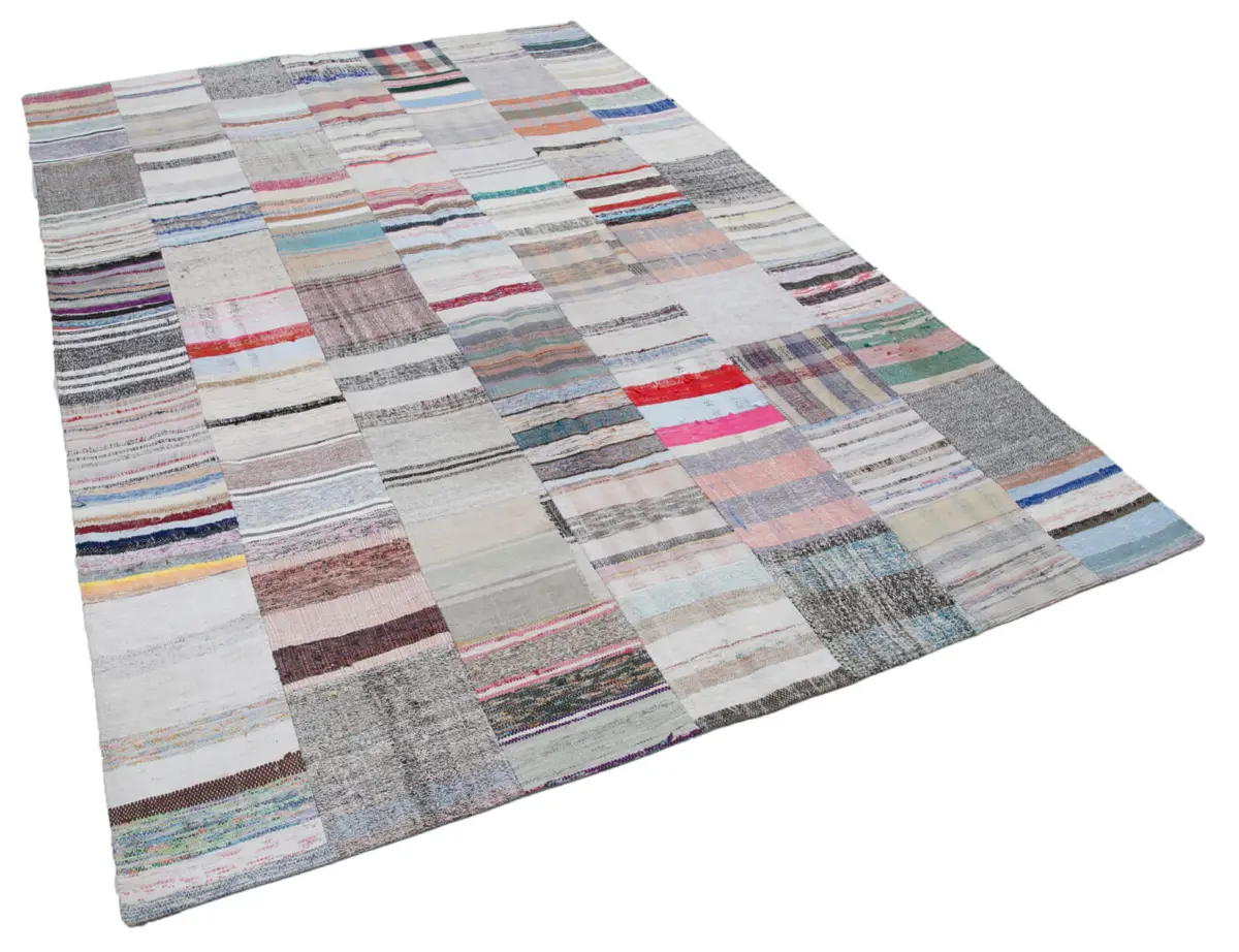 Chaput Patchwork Multi Renk Pamuk Üzerine Yün El Dokuma Kilim-203x300 - Görsel 2