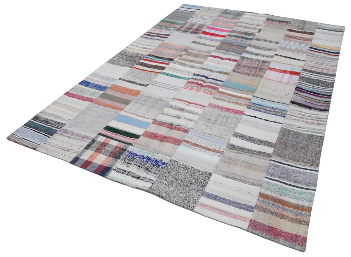 Chaput Patchwork Multi Renk Pamuk Üzerine Yün El Dokuma Kilim-203x300 - Görsel 3