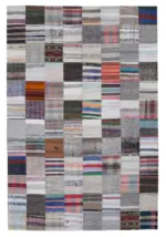 Chaput Patchwork Multi Renk Pamuk Üzerine Yün El Dokuma Kilim-201x298