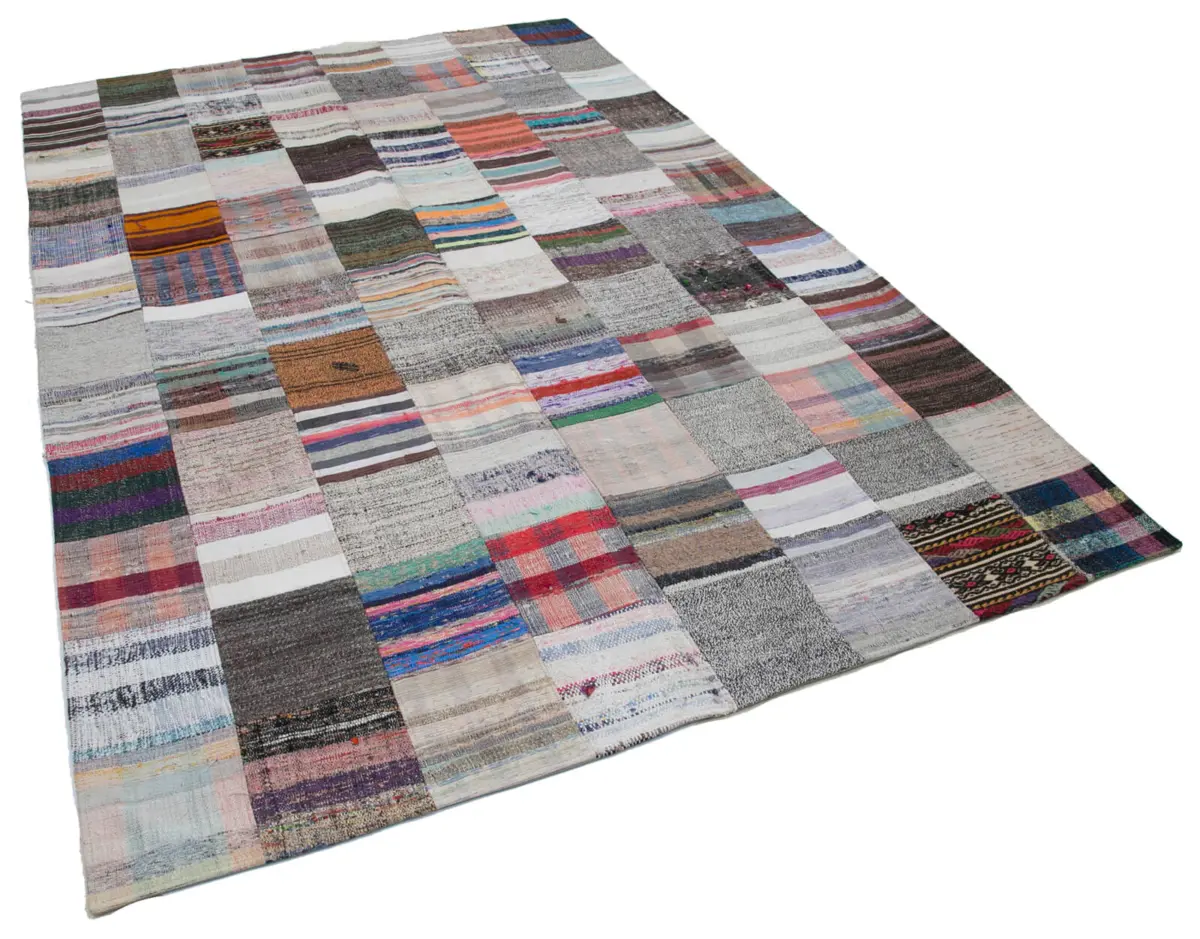 Chaput Patchwork Multi Renk Pamuk Üzerine Yün El Dokuma Kilim-201x298 - Görsel 2