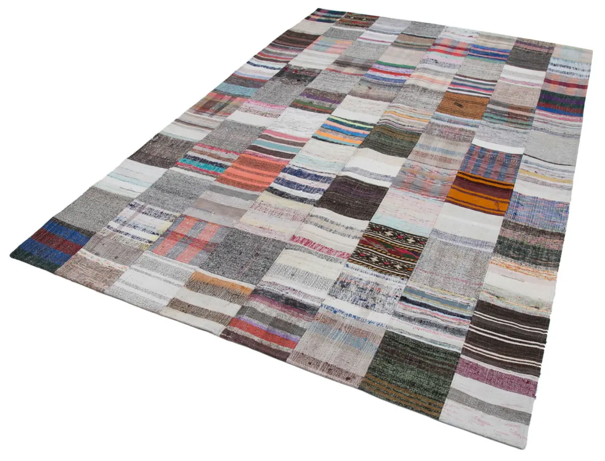 Chaput Patchwork Multi Renk Pamuk Üzerine Yün El Dokuma Kilim-201x298 - Görsel 3