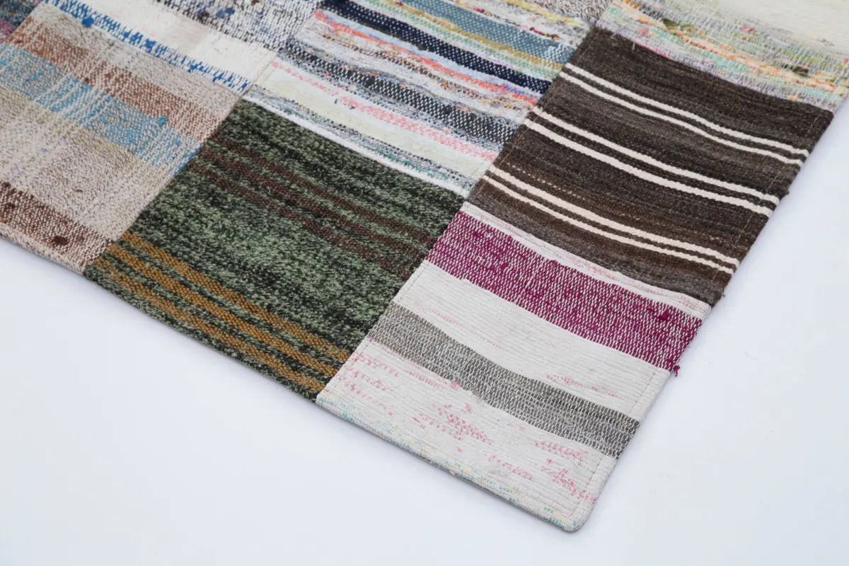 Chaput Patchwork Multi Renk Pamuk Üzerine Yün El Dokuma Kilim-201x298 - Görsel 4