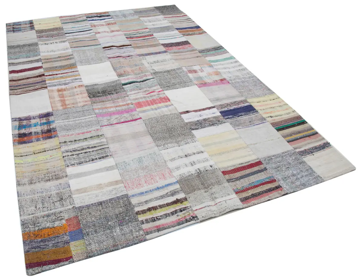 Chaput Patchwork Multi Renk Pamuk Üzerine Yün El Dokuma Kilim-201x300 - Görsel 2