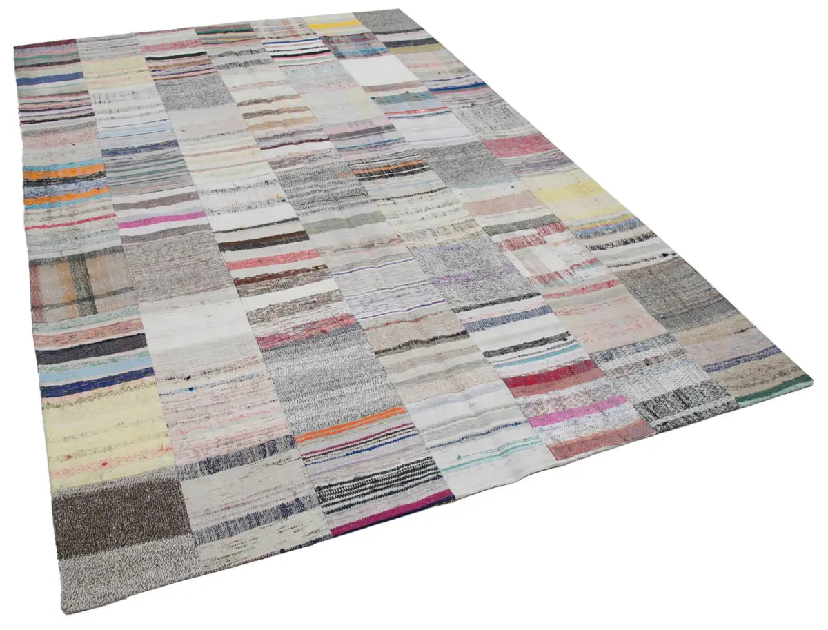 Chaput Patchwork Multi Renk Pamuk Üzerine Yün El Dokuma Kilim-201x299 - Görsel 2