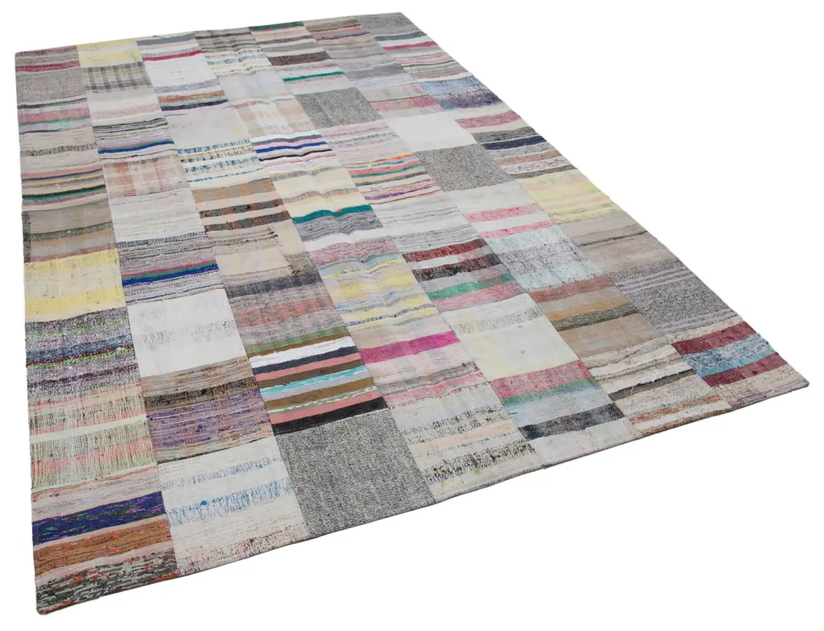 Chaput Patchwork Multi Renk Pamuk Üzerine Yün El Dokuma Kilim-201x300 - Görsel 2
