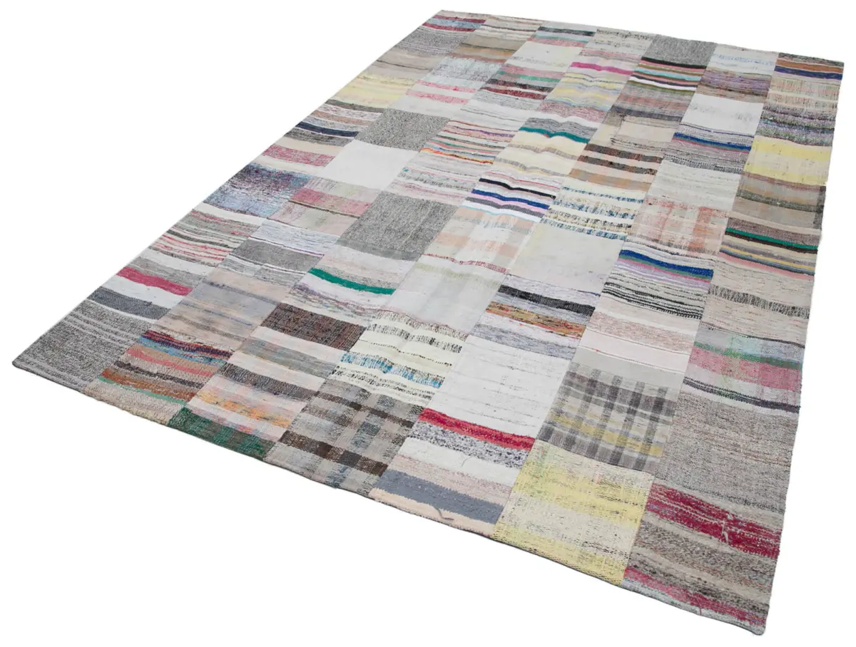 Chaput Patchwork Multi Renk Pamuk Üzerine Yün El Dokuma Kilim-201x300 - Görsel 3