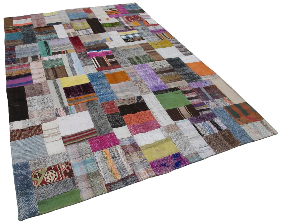 Chaput Patchwork Multi Renk Pamuk Üzerine Yün El Dokuma Kilim-200x300 - Görsel 2