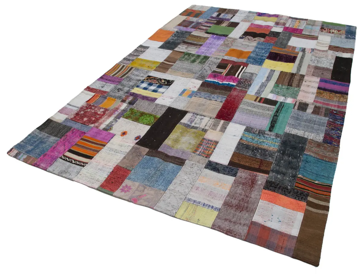 Chaput Patchwork Multi Renk Pamuk Üzerine Yün El Dokuma Kilim-200x300 - Görsel 3