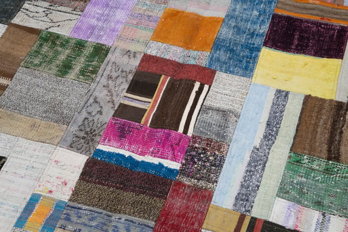 Chaput Patchwork Multi Renk Pamuk Üzerine Yün El Dokuma Kilim-200x300 - Görsel 6