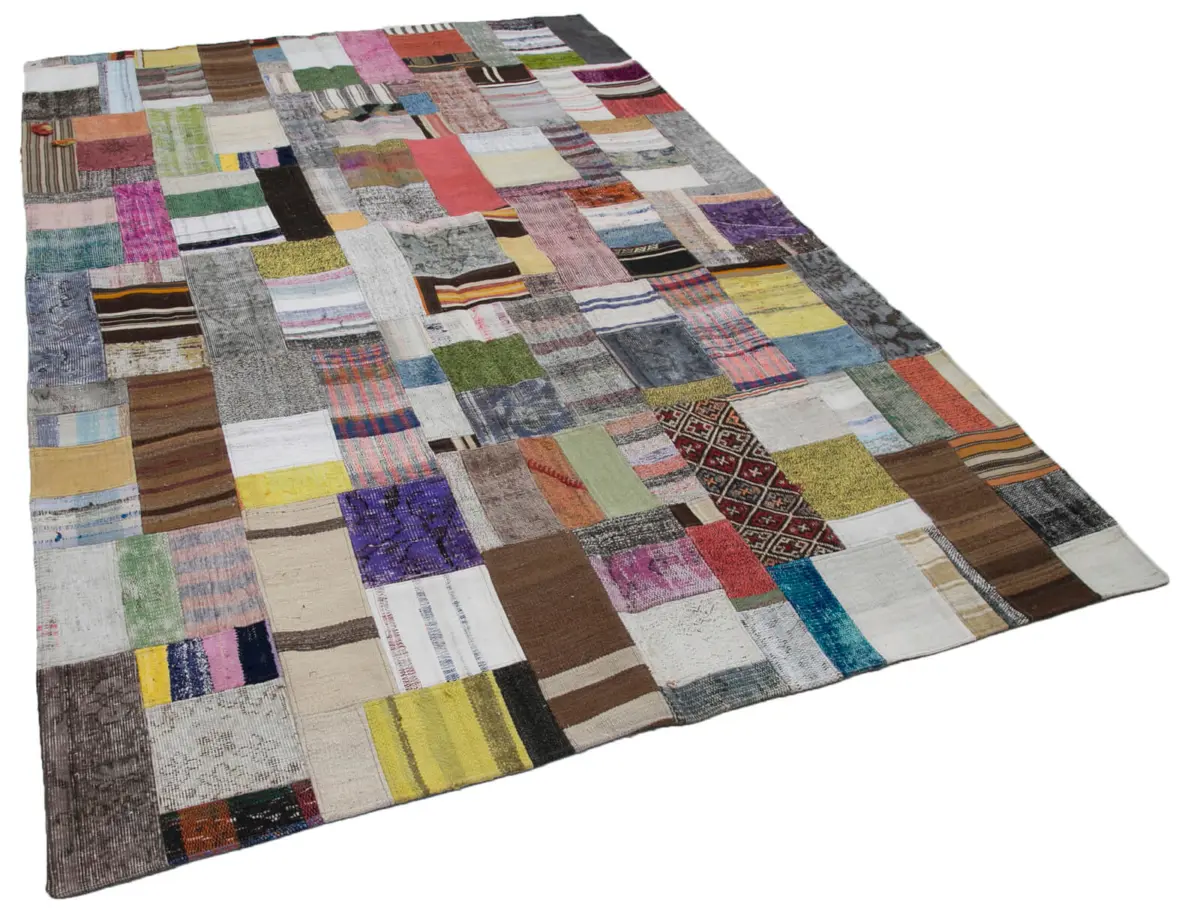 Chaput Patchwork Multi Renk Pamuk Üzerine Yün El Dokuma Kilim-200x300 - Görsel 2
