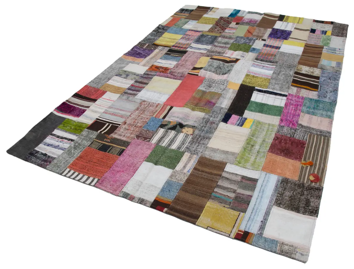 Chaput Patchwork Multi Renk Pamuk Üzerine Yün El Dokuma Kilim-200x300 - Görsel 3