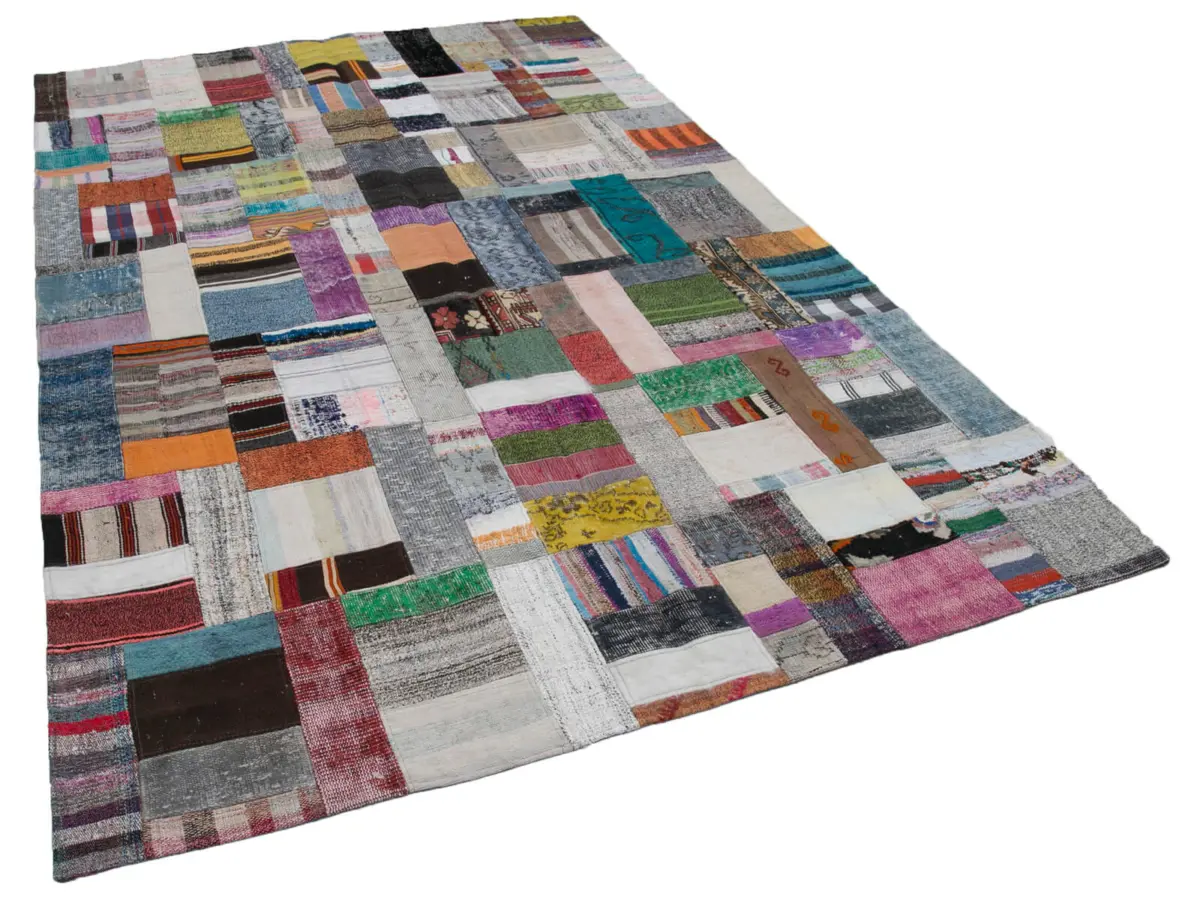 Chaput Patchwork Multi Renk Pamuk Üzerine Yün El Dokuma Kilim-200x300 - Görsel 2